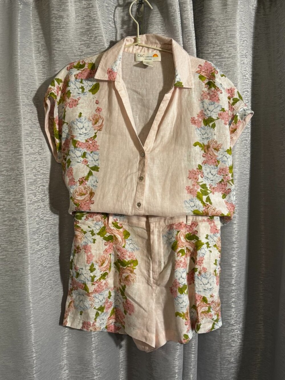 C&C California 100% Linen Floral Button Front Top & Shorts Set Size Small